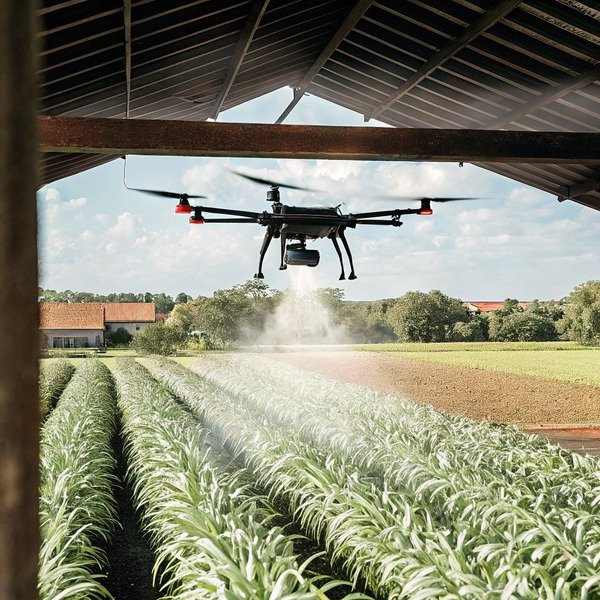 Agricultural drone spraying crops in a field under a shed (ID#1)