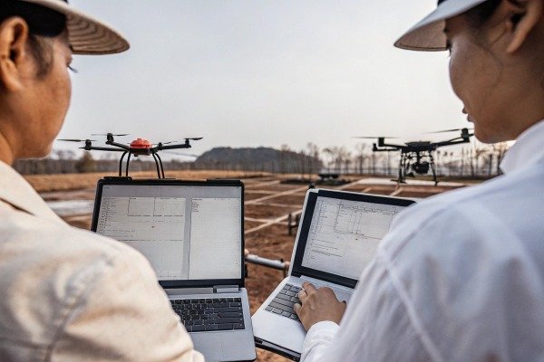 Two people operating laptops with drones in the background (ID#2)
