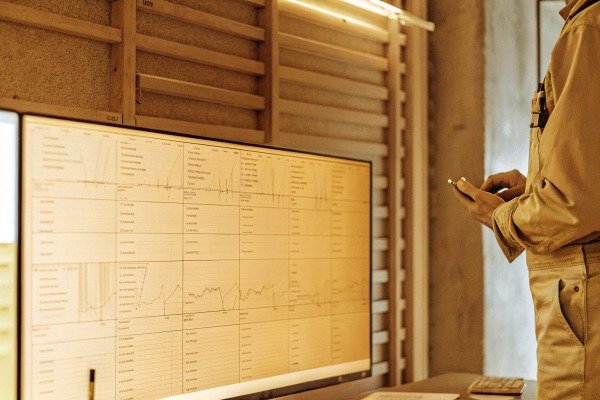 Monitoring drone operations Person viewing drone flight data on a large monitor (ID#4)