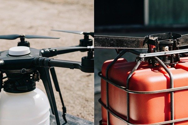 Close-up of drone components, including a white tank and a red container (ID#3)