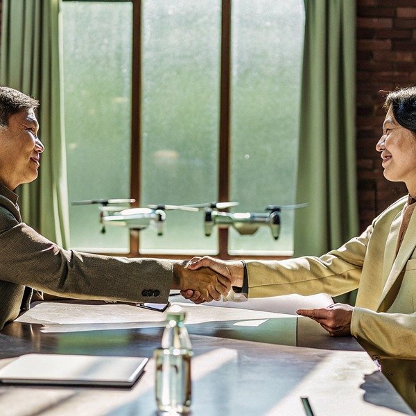Two business people shaking hands with drones in the background (ID#1)