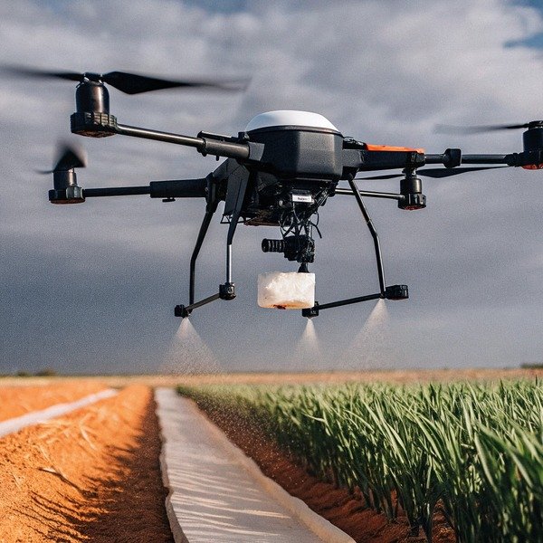 Agricultural drone spraying crops in a field under a cloudy sky (ID#1)