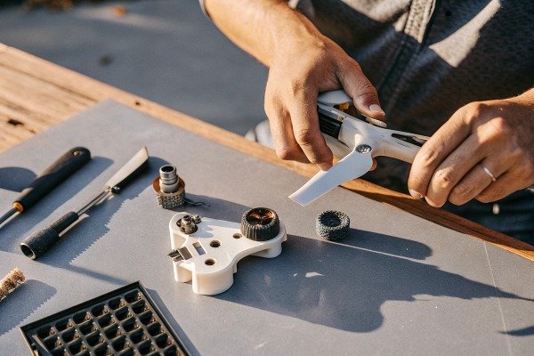 Drohnen-Reparaturarbeiten Man repairing drone propeller on table (ID#2)