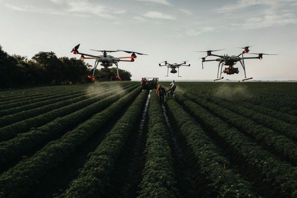 Drohnen über dem Bauernhof Multiple drones flying over green farm field (ID#4)