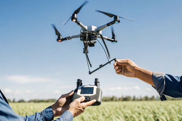 Person controlling drone with remote in field (ID#2)