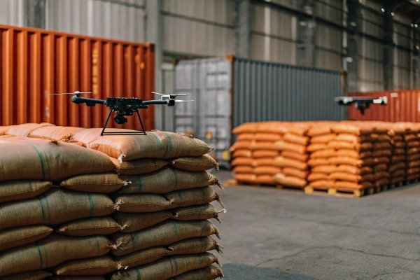 Warehouse drones Drones on sacks in warehouse storage area (ID#4)