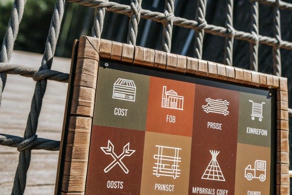 Wooden sign with shipping term icons (ID#4)