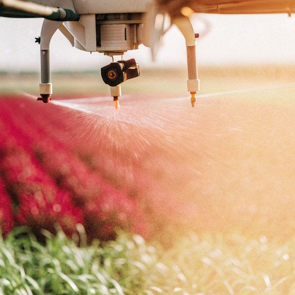 Drone spraying crops with liquid in field (ID#1)