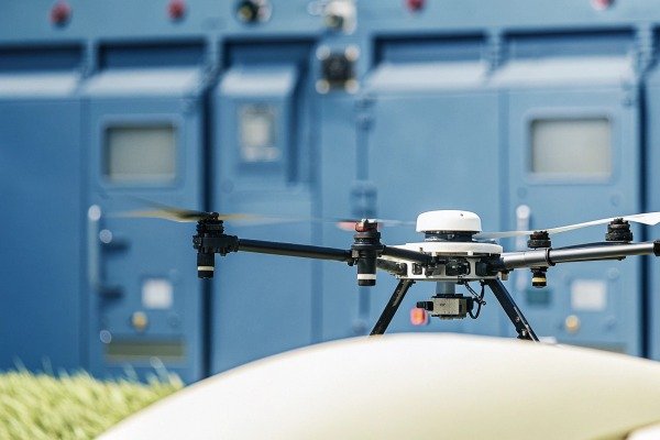 Drone on ground near industrial equipment (ID#3)