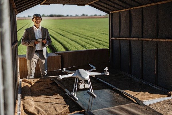 Man standing near drone in agricultural shed (ID#5)