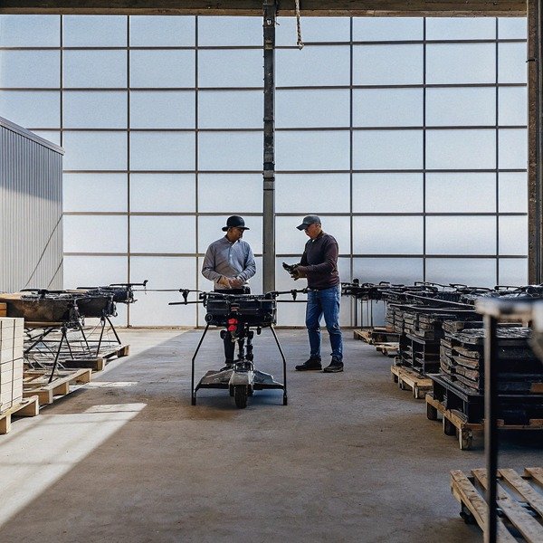 Two men inspecting large drones indoors (ID#1)