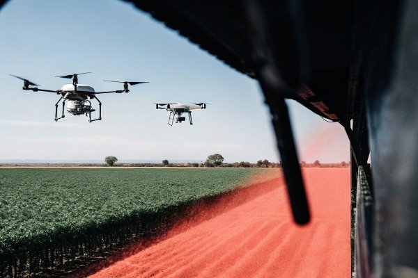 Drones spraying red mist over field (ID#5)
