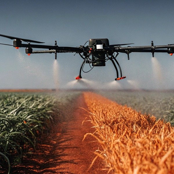 Drone spraying crops over field in sunlight (ID#1)