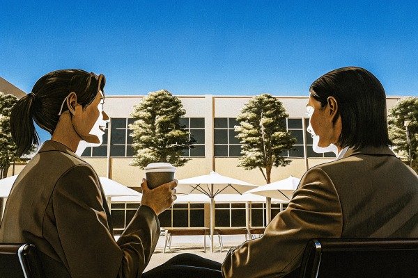 Two people talking outside with coffee cups (ID#2)