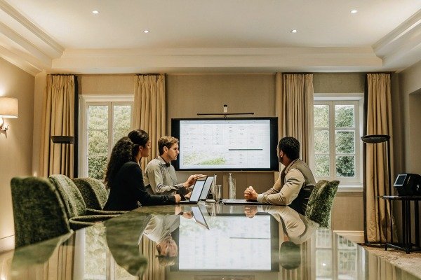 Business meeting reviewing data on screen (ID#4)