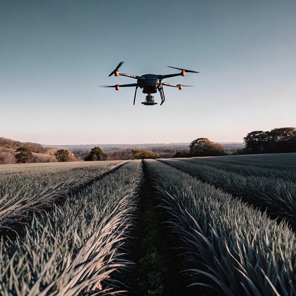 Drone flying over agricultural field at sunset (ID#1)