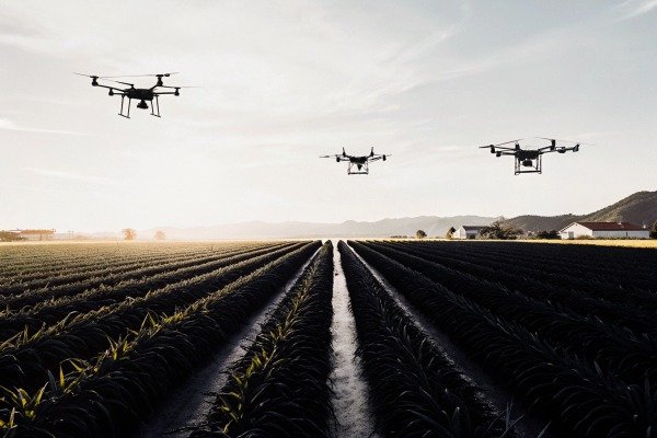 Three drones flying over agricultural field at sunset (ID#5)