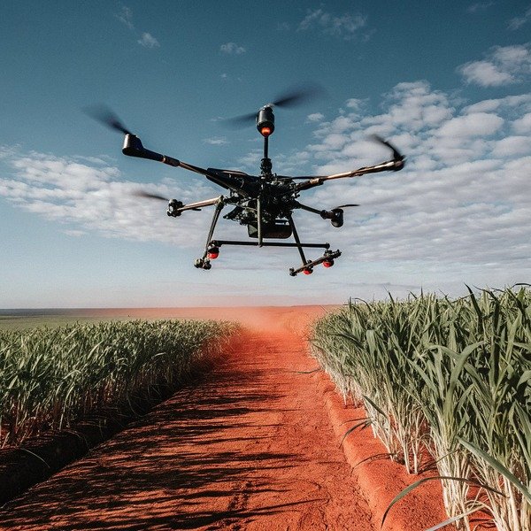 Drone flying over red dirt path between crops (ID#1)