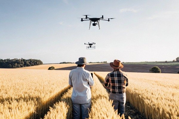 Farmers monitoring drones flying over wheat field (ID#4)
