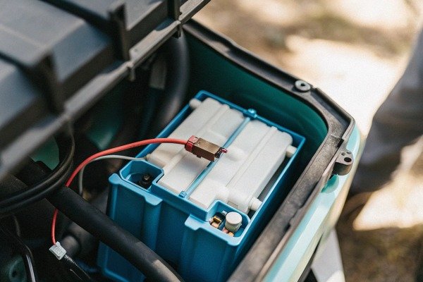 Close-up of blue battery inside device (ID#5)