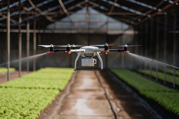 Drone spraying plants inside greenhouse (ID#3)