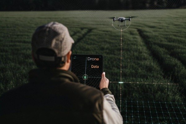 Man monitoring drone data on tablet in field (ID#4)