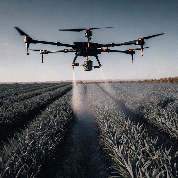 Drone spraying crops over field at dusk (ID#1)