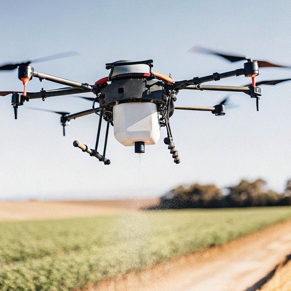 Landwirtschaftliche Drohne beim Sprühen von Pflanzen auf einem Feld (ID#1)