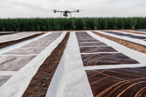 Drone flying over covered soil rows in field (ID#3)