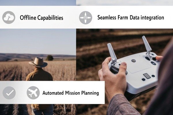 Hands holding drone controller with farm background (ID#5)