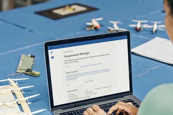 Person working on laptop with drone models nearby (ID#5)