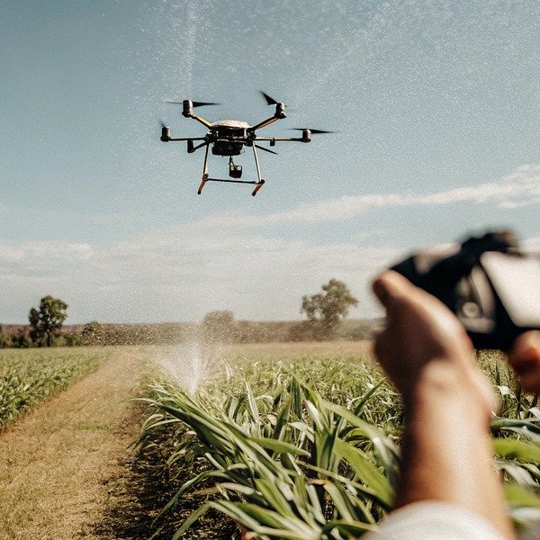 Drone flying over crops with irrigation system (ID#1)