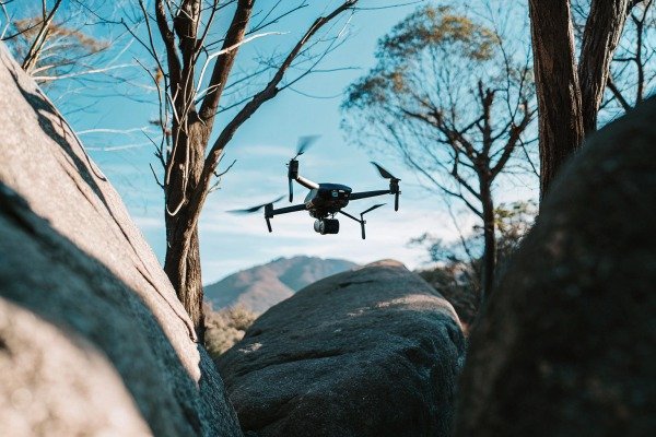 Drone flying between trees and rocks in forest (ID#3)