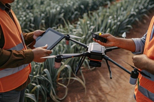 Farmers operating drone with tablet in field (ID#2)