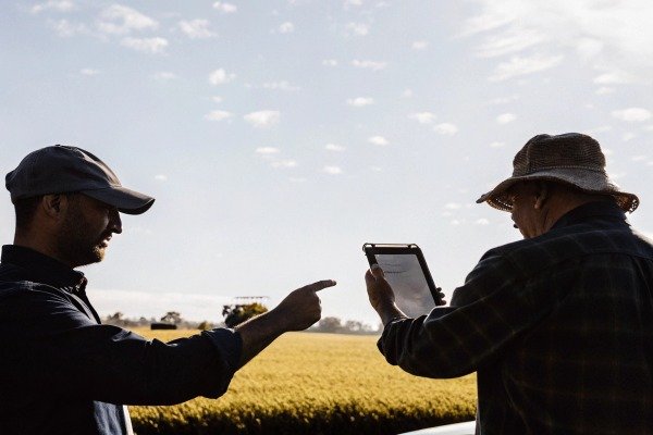 Two men discussing data on tablet in field (ID#4)
