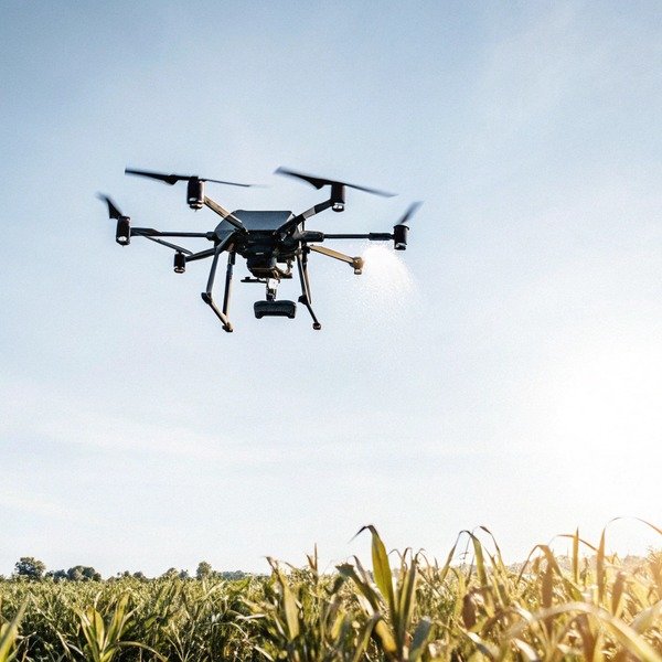 Drone flying over a cornfield at sunset (ID#1)