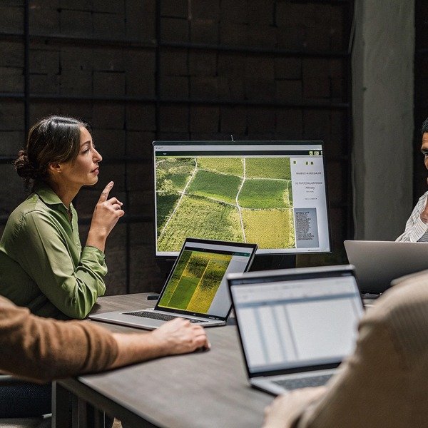 Team discussing aerial mapping data on screens (ID#1)