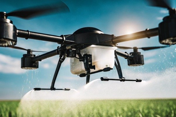 Drone spraying crops over field at sunset (ID#3)