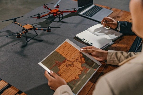 Hands holding map near drones and laptop (ID#4)
