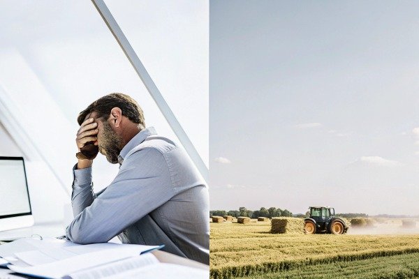 Stressed man at desk and tractor in field split image (ID#4)