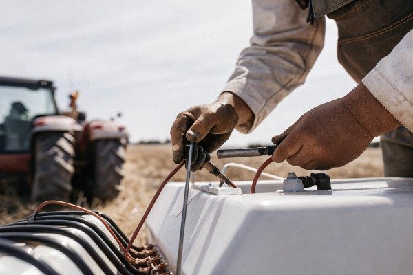 Farmer repairing agricultural equipment with tractor background (ID#2)