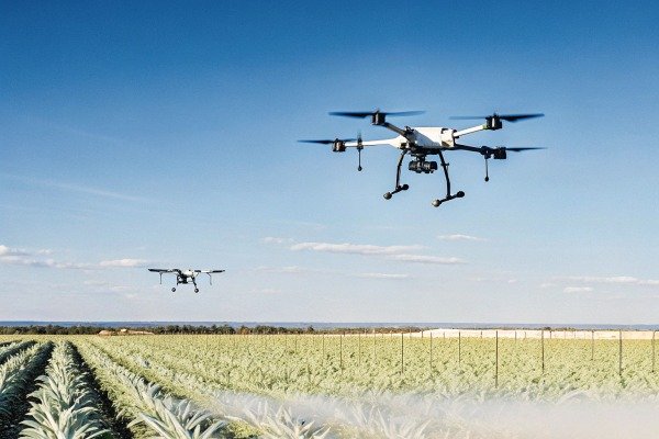 Drones flying over crop fields spraying pesticides (ID#5)