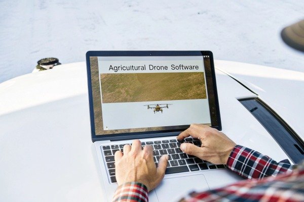 Person using agricultural drone software on laptop (ID#2)