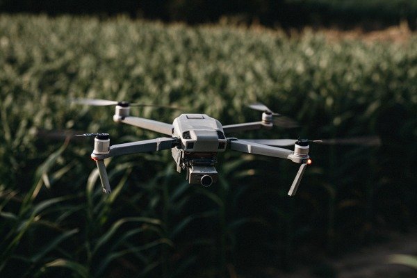 Drone flying over green crops at dusk (ID#3)
