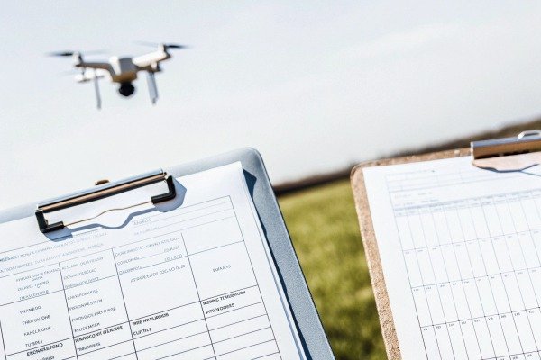 Clipboards with drone flying over farmland (ID#4)