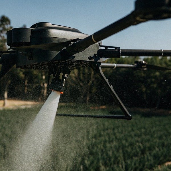 Drone pulvérisant des cultures dans un champ, gros plan (ID#1)