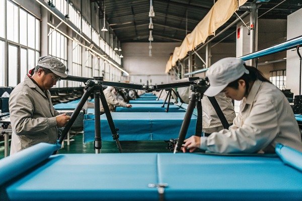 تجميع الطائرات بدون طيار Workers assembling drones in factory (ID#3)