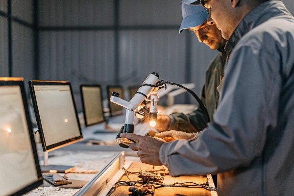 Technicians examining drone parts with monitors (ID#2)