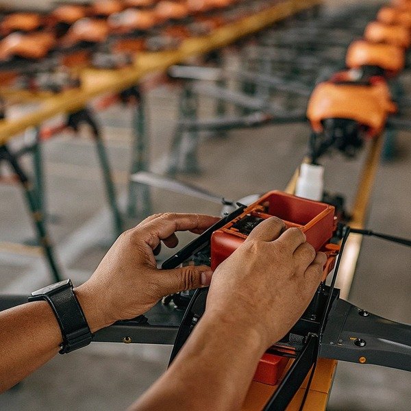 Hands assembling drone component indoors (ID#1)