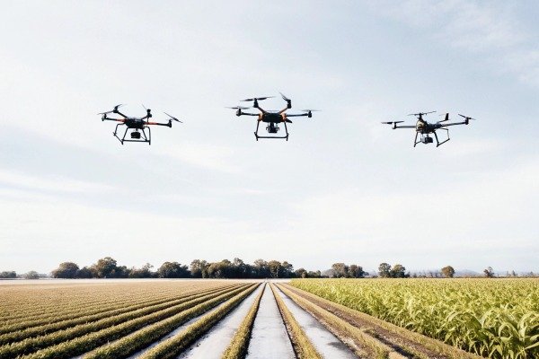 Three drones flying over agricultural fields (ID#5)